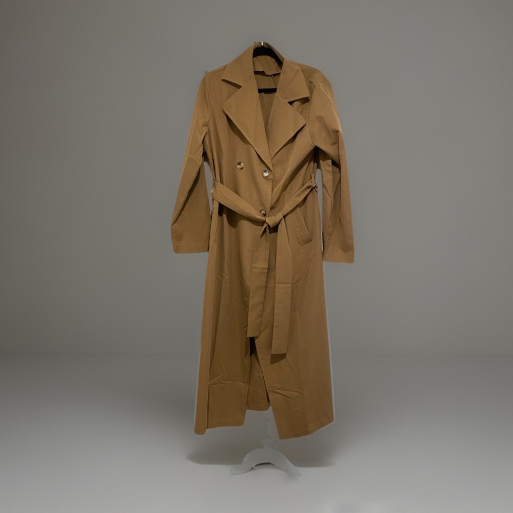 Women’s Vintage Camel Trench Coat Minimalist Belted Double Breasted Long Coat LG